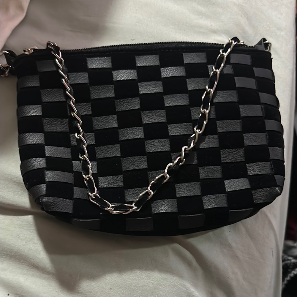 Black Checkered Clutch with Chain Strap